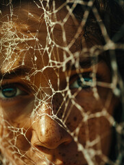 Close-up Portrait of a Young Woman Through a Spider Web