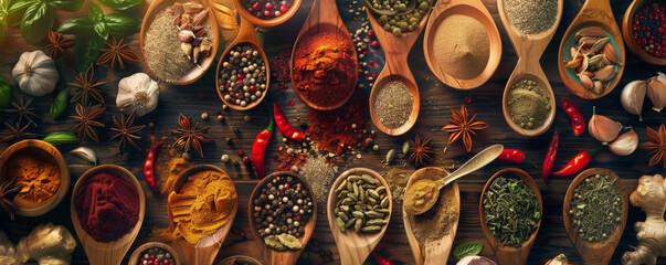 A diverse array of spices and ingredients on wooden spoons, spread across a cooking table, capturing the essence of gourmet cooking.