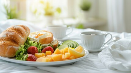 A plate of food with a sandwich, strawberries, and melon on it