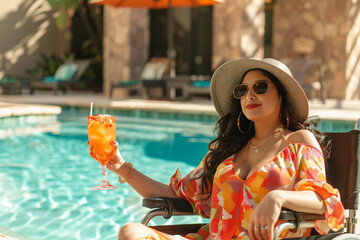 latina american woman in wheelchair drinking cocktail by the pool and smiling, beautiful brunette with disabilities relaxing at resort