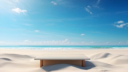 Fototapeta premium Wooden bench on white sandy beach under blue sky, perfect for relaxation and vacation themes