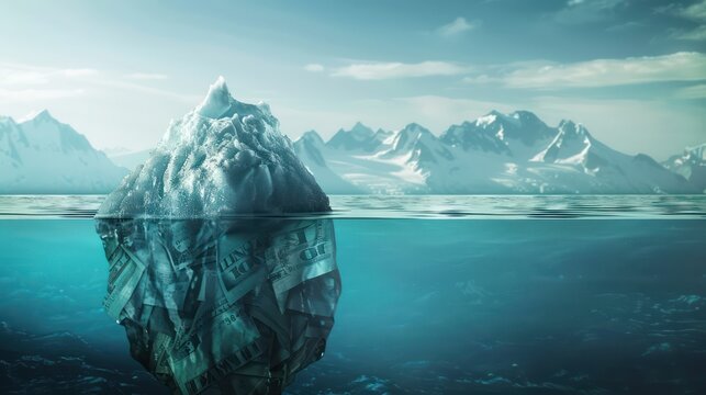high-concept image of a financial iceberg, with visible budget allocations above water and hidden costs below
