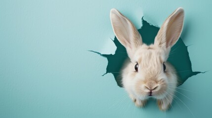 Obraz premium A rabbit is peeking out of a hole in a wall