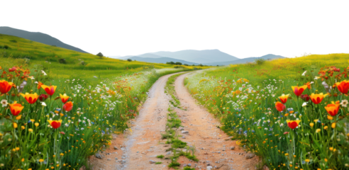 PNG Dirt road meadow mountain landscape flower spring.