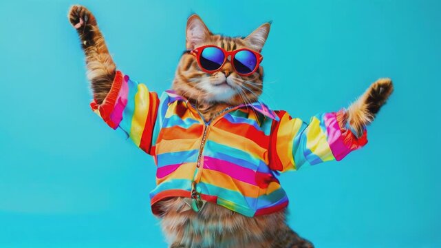 A playful and stylish cat wearing sunglasses and a colorful clothes, dancing. This vibrant and humorous image captures the quirky personality of cats and brings a smile with its bright colors and whim
