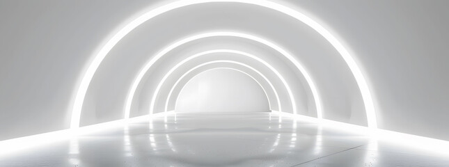 White background  room light abstract space  tunnel stage floor. Empty white future 3D neon background studio futuristic corridor render modern interior silver road black wall design gray 