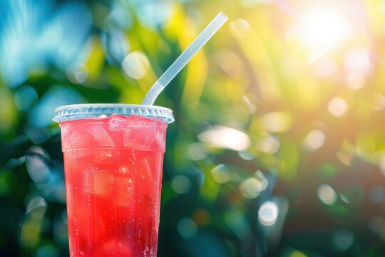 A cool drink in a transparent plastic glass with an extended straw, ideal for warm summer periods or open-air gatherings - Powered by Adobe