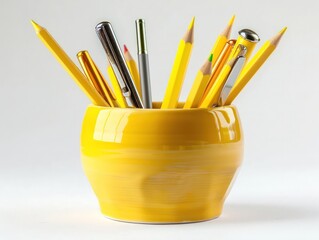 Isolated shot of ceramic pen holder with yellow stationery, sharp focus.