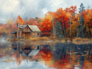 Fototapeta premium Rustic Cabin by a Tranquil Lake Surrounded by Vibrant Autumn Foliage and Reflections in Water