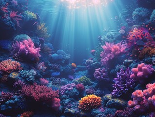 Fototapeta premium Vibrant Underwater Coral Reef Scene with Colorful Marine Life and Sunlight Beams Penetrating the Ocean Surface