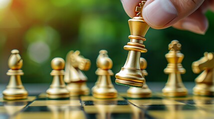 Image of hand holding golden chess king piece on board.