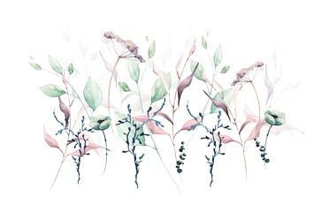 Watercolor painted floral growing plants arrangement. Pink flowers, blue, green wild meadow twigs, moss branch, turquoise leaves Hand drawn illustration template. Watercolour artistic template design.