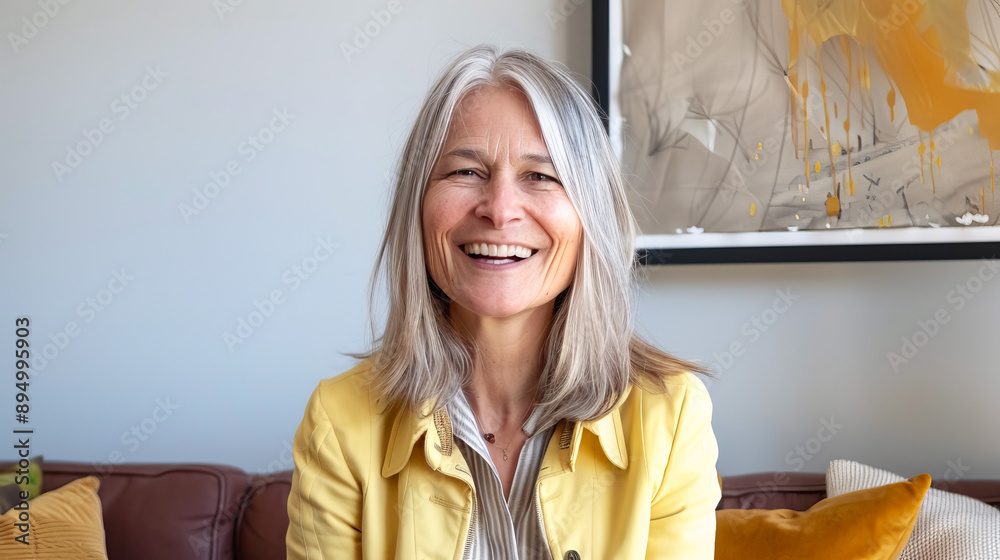 Wall mural Happy senior woman in yellow jacket smiling at home