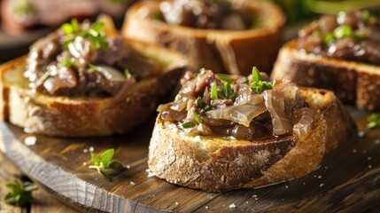 Close up of onion confit and liver pate on bread with copy space