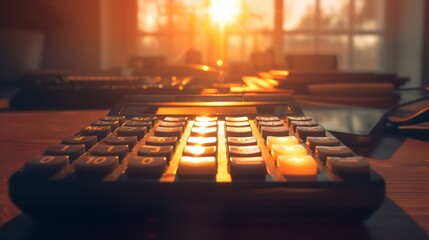 high-definition shot of a calculator with keys emitting light, symbolizing crucial budget calculations in a dark office setting