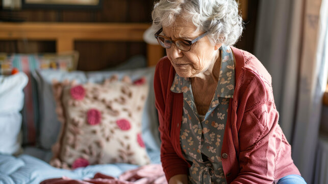 Senior woman sitting up in bed looking distressed