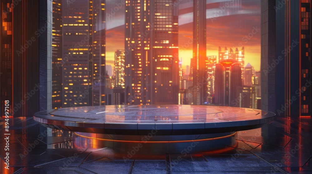 Poster a futuristic cityscape with a large, circular platform overlooking the skyline. the setting sun cast