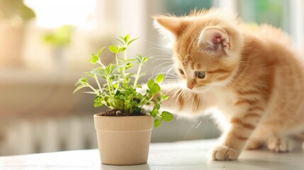 Indoor planter with leafy greens, a furry friend kitten playfully batting at the leaves
