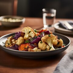 Fototapeta premium Indulge in crispy roasted cauliflower slices topped with a zesty herb-lemon dressing, accompanied by a medley of roasted vegetables. 