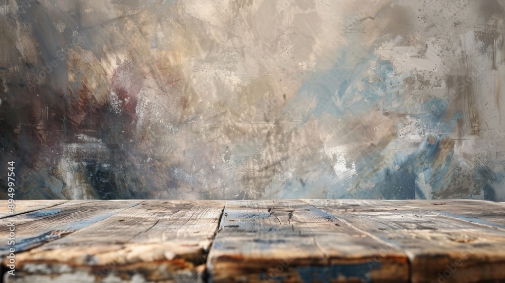 Aufkleber A weathered wooden tabletop sits in front of a textured wall, painted with abstract patterns in shades of blue, brown, and gray.