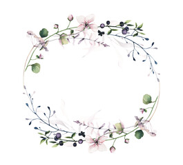 Watercolor painted floral horizontal oval frame. Pink flowers, blue, green wild meadow and swamp twigs, blueberry branches, black small leaves Hand drawn illustration template. Watercolour design.