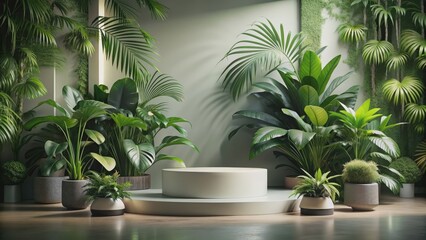 Obraz premium Podium with lush tropical plants and product display, podium, tropical plants, green leaves, product display, presentation