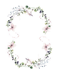 Watercolor painted floral symmetric oval frame. Pink flowers, blue, green wild meadow and swamp twigs, moss branch, turquoise leaves. Hand drawn illustration template. Watercolour artistic design.