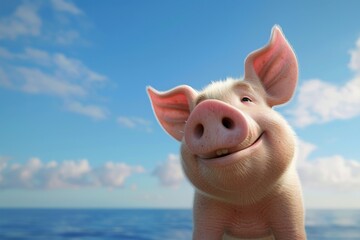 Charming piglet standing by the ocean against a beautiful blue sky backdrop. Cute farm animal posing happily. Suitable for educational and promotional purposes. Generative AI