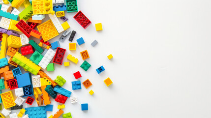 Top view of assorted building blocks on white surface