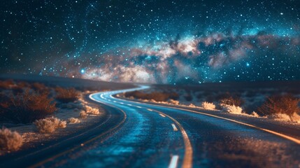Fototapeta premium A winding road under a starry night sky, illuminated by the glow of the Milky Way, creating a tranquil and dreamy atmosphere.