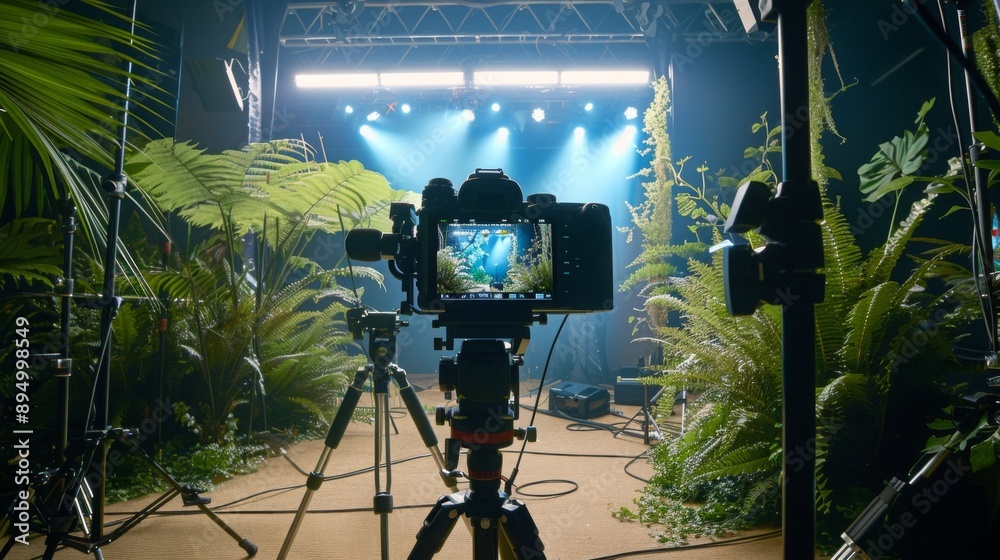 Aufkleber a professional camera on a tripod is set up in front of a tropical backdrop, ready to film.