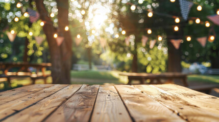 Wooden table with festive outdoor lights in summer setting