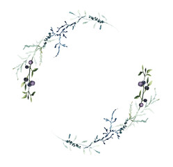 Watercolor painted floral symmetrical round frame. Blue, turquoise wild forest branches, leaves, moss, violet blueberry twigs. Hand drawn illustration template. Watercolour artistic template design.