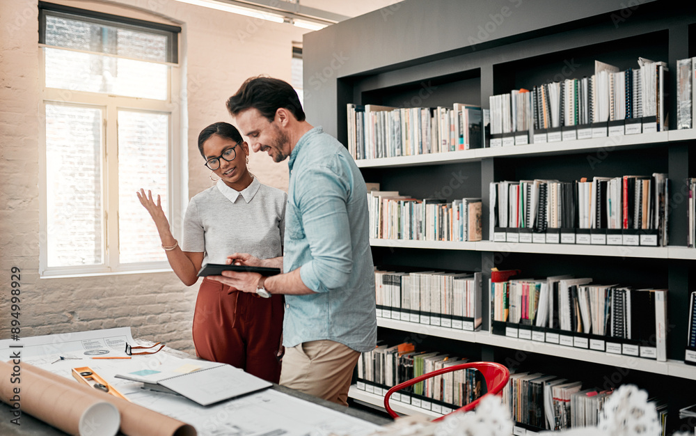 Poster Man, woman and tablet for architecture with blueprint in office for review, design and app for property. People, reading and notes for floor plan, feedback or quality assurance at construction agency