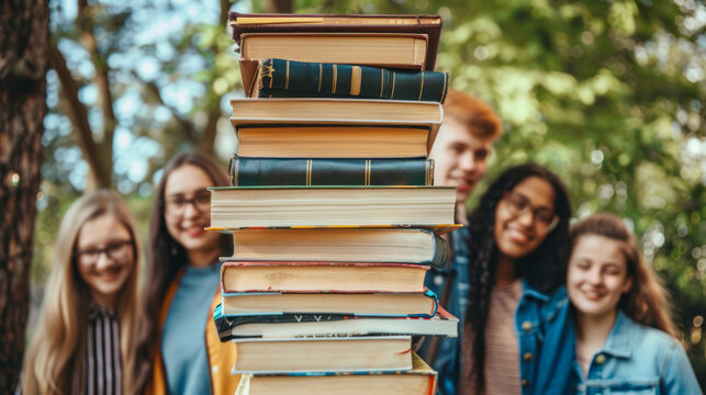 Group of young students with a tall stack of books outdoors