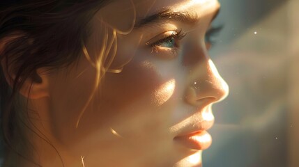 Woman in Natural Light: A woman with soft, natural light illuminating her face, highlighting her serene expression.
