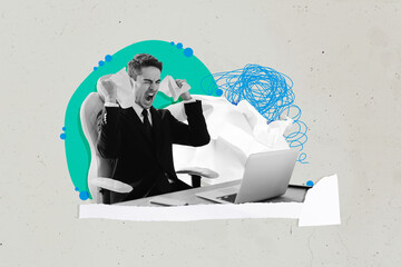 Collage artwork sketch of stressed depressed man sitting on workspace crumpled paper isolated on...