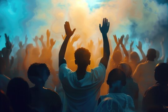 Diverse crowd with raised hands at a vibrant church with dynamic lighting and fog. Entertainment, live performance, faith, celebration, believers, unity concept.