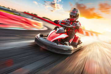Go-kart racer speeding on a track during a sunset with motion blur and vibrant colors. Motorsport enthusiasm, adrenaline rush, speed racing, competitive sports, outdoor activity adventurism.