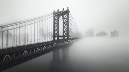 Misty morning view of a suspension bridge disappearing into the fog, with a city skyline faintly visible in the background.