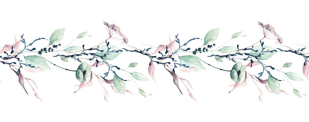 Watercolor painted floral two sided seamless border frame. Turquoise green leaves, pink wild flowers, dark blue moss branches, twigs. Hand drawn illustration template. Watercolour artistic design.