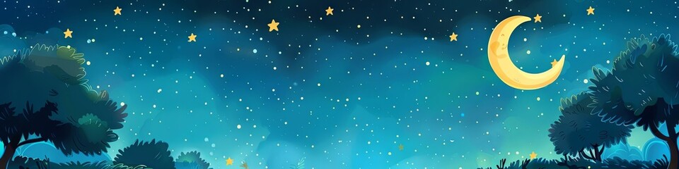 Naklejka premium Night Sky With Crescent Moon and Stars Over Trees