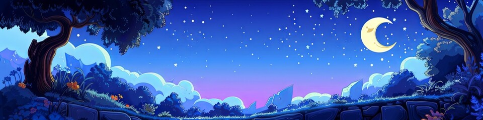 Nighttime Forest with Crescent Moon