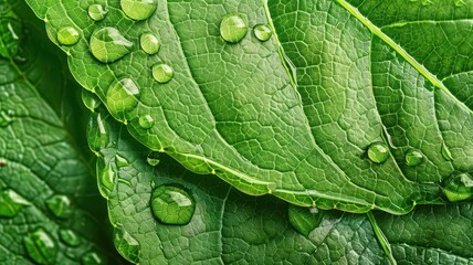 Fototapeta premium Closeup of leaf surface with water beads, high resolution, lush green texture, natures detail