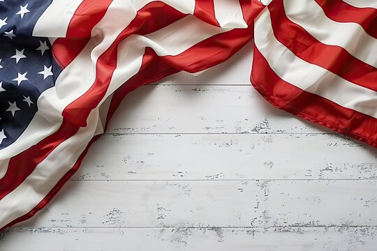 American flag draping over rustic white wooden background, patri