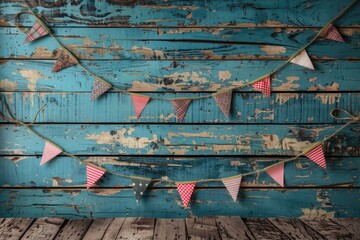 Party flags on rustic blue wooden wall, celebration concept