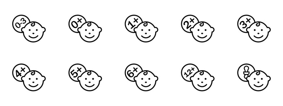 Set of restriction icons for children. Children's age plus icon. Age restriction sign. Months for children's symbols isolated on white background.