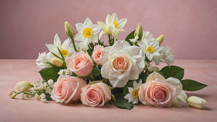 Delicate floral arrangement featuring pink roses and white daffodils, elegantly framing a soft pink background. Ideal for showcasing beauty and elegance in high-quality product photography.