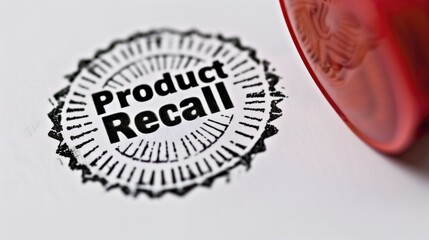 Rubber stamp imprint showing 'Product Recall' text on white background. Quality control, consumer safety, recall process, product liability management.