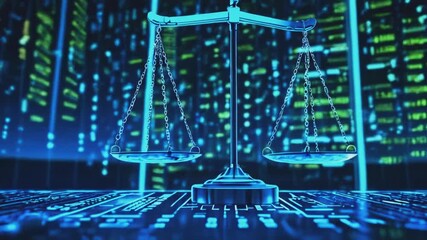Golden scales of justice in a modern digital backdrop. Represents balance, law, and technology integration. Ideal for legal, cybersecurity, and futuristic themes.